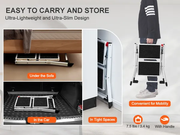 easy to carry and store VEVOR step ladder fitting under the sofa, in the car, and in tight spaces.