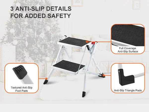 VEVOR step ladder with anti-slip foot pads, full-coverage anti-slip surface, and anti-slip triangle pads.