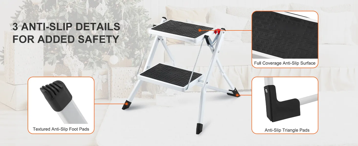 VEVOR step ladder with anti-slip foot pads, full-coverage anti-slip surface, and anti-slip triangle pads.