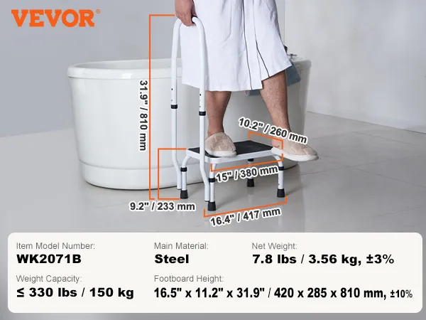 Dettagli dello sgabello VEVOR modello wk2071b, con struttura in acciaio e capacità di 330 libbre, accanto a una vasca da bagno.