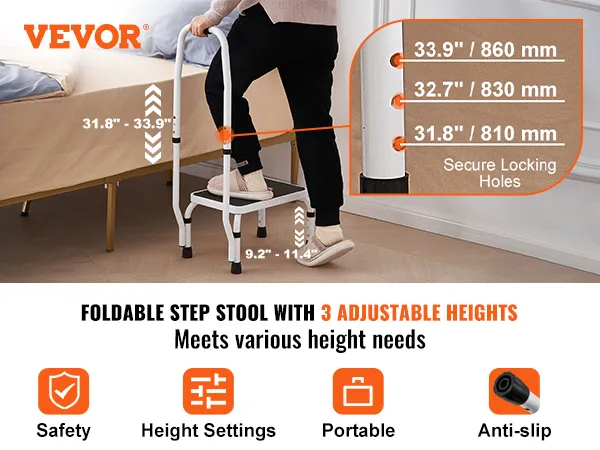Sgabello VEVOR con maniglia per camera da letto, regolabile in 3 altezze, antiscivolo, portatile e dotato di funzioni di sicurezza.