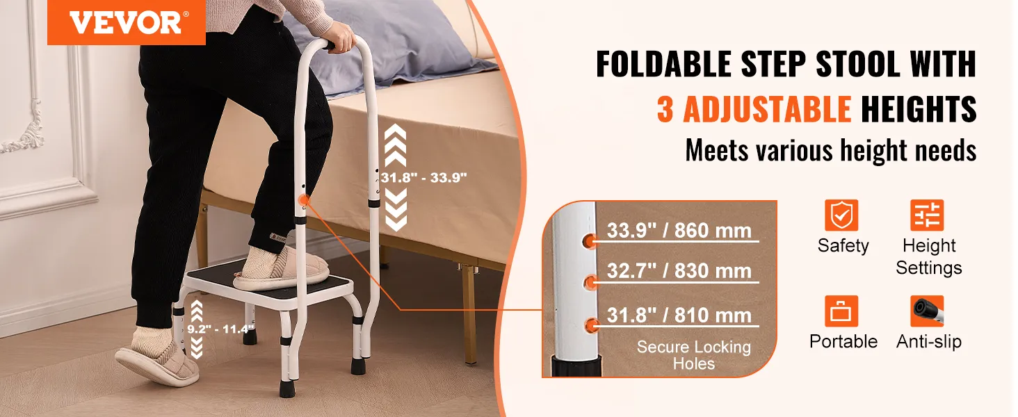 Sgabello VEVOR con maniglia per camera da letto, regolabile in 3 altezze, antiscivolo, portatile e dotato di funzioni di sicurezza.