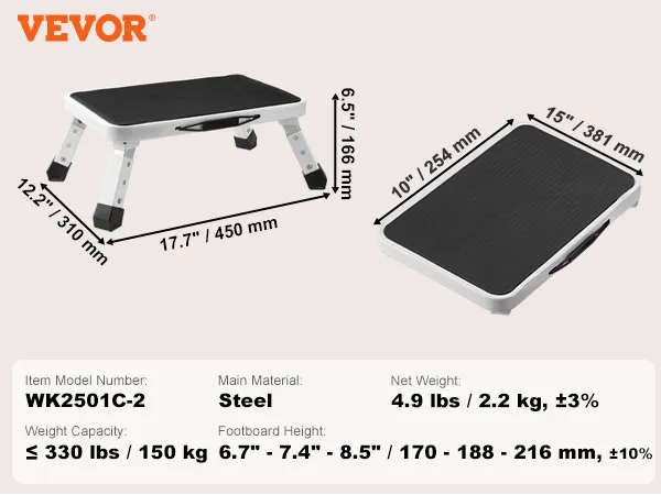 VEVOR step stool, steel, model wk2501c-2, 330 lbs capacity, 4.9 lbs weight, footboard height adjustable.