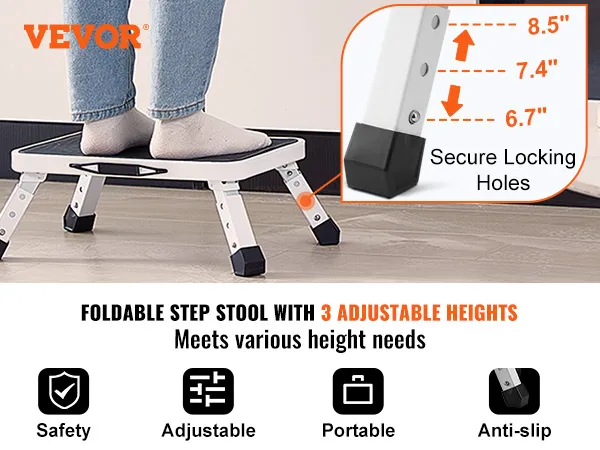 VEVOR step stool with 3 adjustable heights, secure locking holes, and anti-slip portable design.