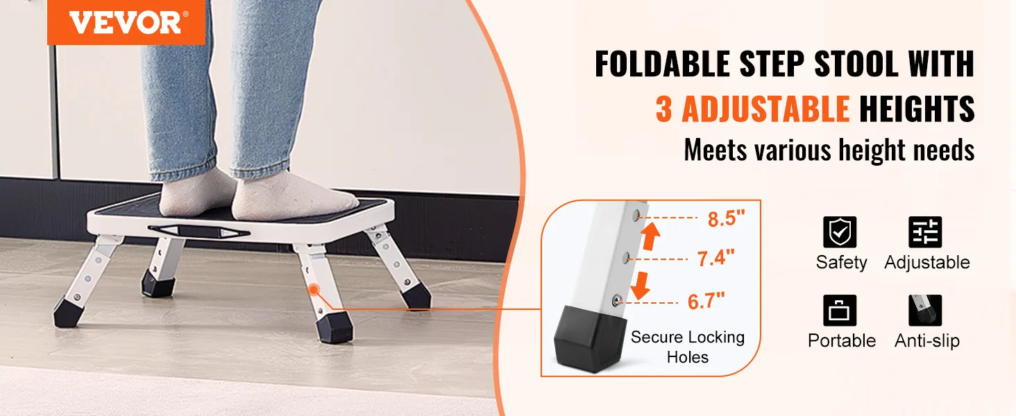 VEVOR step stool with 3 adjustable heights, secure locking holes, and anti-slip portable design.