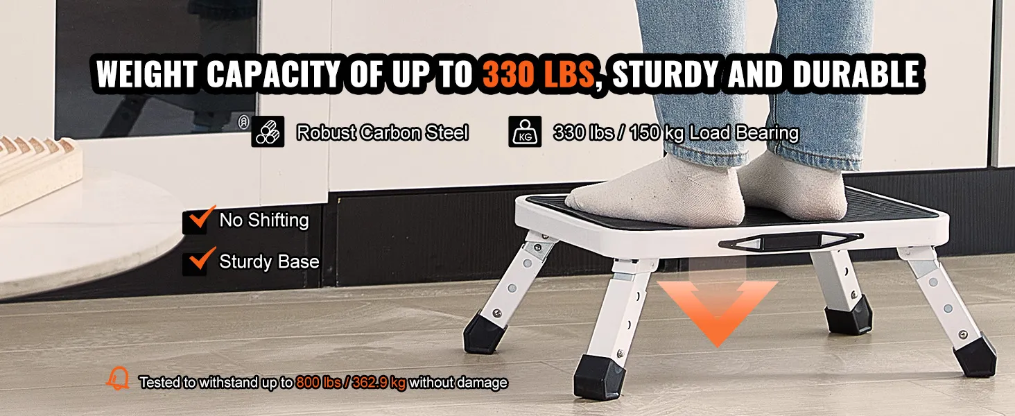 VEVOR step stool, weight capacity up to 330 lbs, robust carbon steel, no shifting, sturdy base.