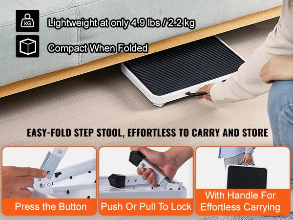 easy-fold VEVOR step stool, lightweight at 4.9 lbs, compact when folded, with handle for easy carrying.