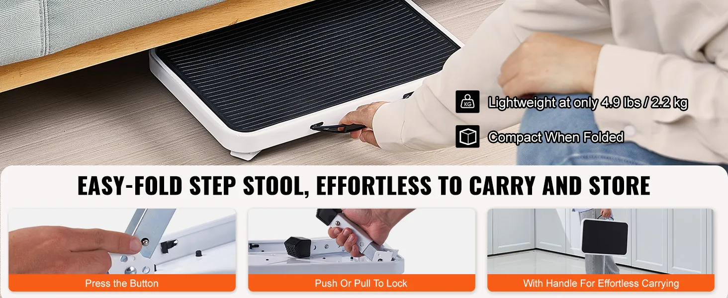 easy-fold VEVOR step stool, lightweight at 4.9 lbs, compact when folded, with handle for easy carrying.