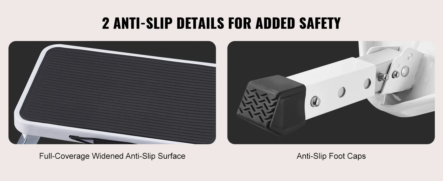 VEVOR step stool with full-coverage anti-slip surface and anti-slip foot caps for added safety.