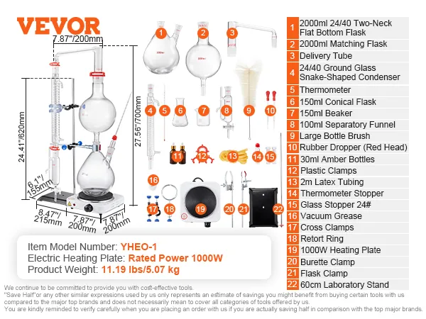 VEVOR-destillatieset voor essentiële olie, inclusief kolven, condensor, verwarmingsplaat en accessoires.