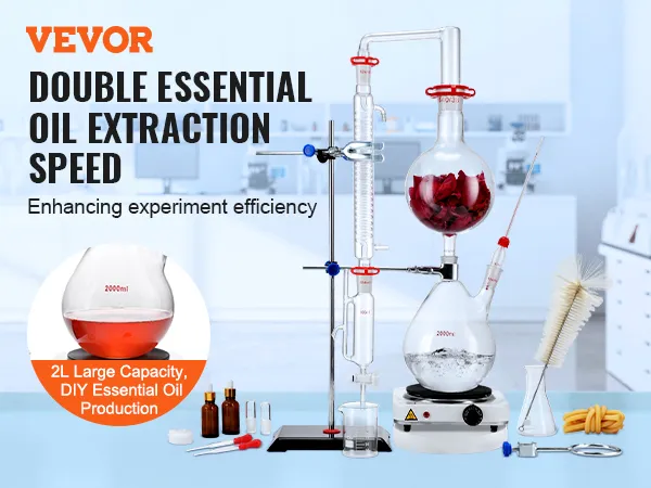 VEVOR etherische olie destillatieset voor dubbele extractiesnelheid met een capaciteit van 2 l in een laboratoriumomgeving.