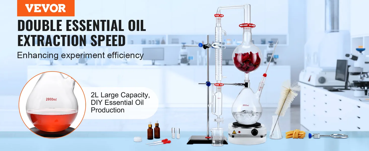 VEVOR etherische olie destillatieset voor dubbele extractiesnelheid met een capaciteit van 2 l in een laboratoriumomgeving.