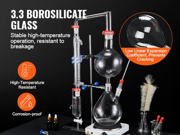 VEVOR etherische olie destillatieset met 3,3 borosilicaatglas, bestand tegen hoge temperaturen, corrosiebestendig.
