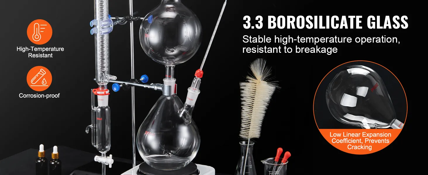 VEVOR etherische olie destillatieset met 3,3 borosilicaatglas, bestand tegen hoge temperaturen, corrosiebestendig.