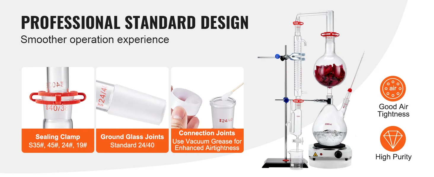 VEVOR-destillatieset voor etherische olie met afsluitklem, glazen slijpstukken en aansluitstukken.