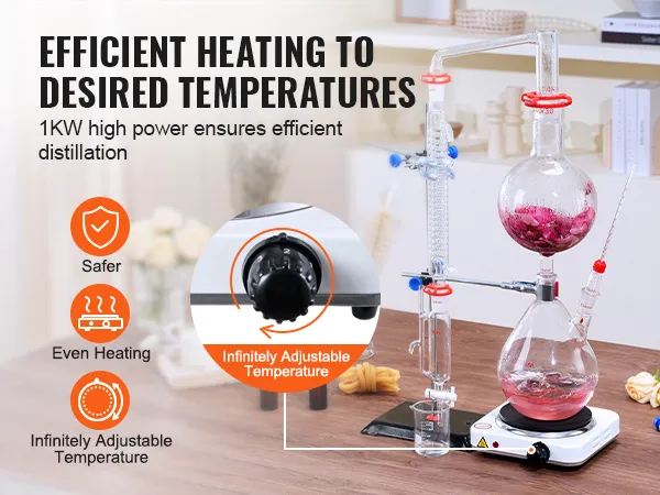 VEVOR-destillatieset voor essentiële olie op een tafel met veiligheids- en verwarmingsdiagram, glazen apparaat en instelbare temperatuur.
