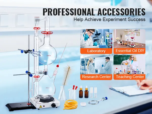 VEVOR-destillatieset voor etherische olie tentoongesteld in laboratoria, doe-het-zelf-omgevingen voor etherische olie, onderzoeks- en onderwijsinstellingen.