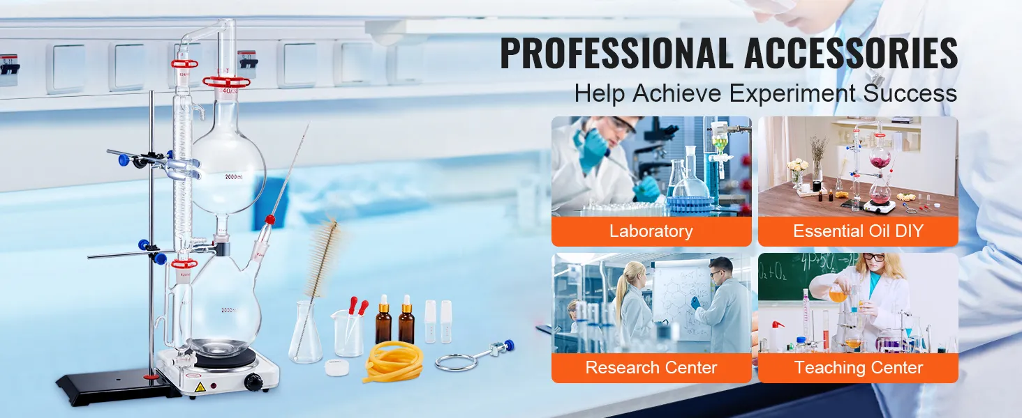 VEVOR-destillatieset voor etherische olie tentoongesteld in laboratoria, doe-het-zelf-omgevingen voor etherische olie, onderzoeks- en onderwijsinstellingen.