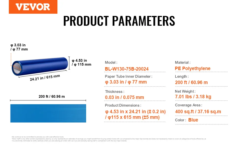 VEVOR carpet protection film 200 ft, pe polyethylene, 400 sq.ft coverage, blue, 7.01 lbs, bl-w130-75b-20024.