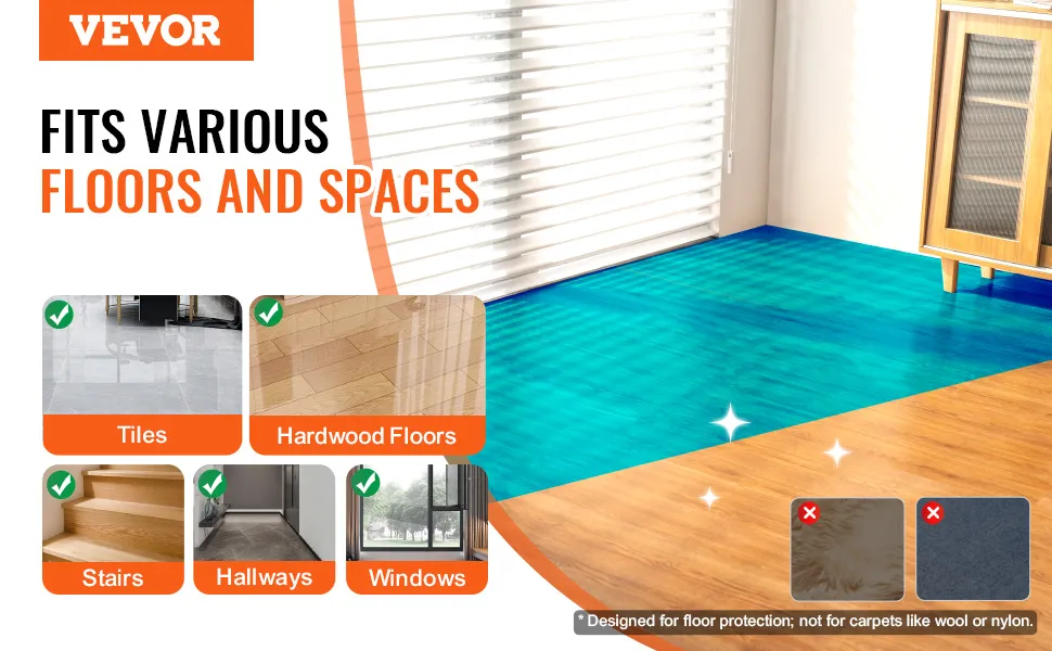 VEVOR carpet protection film for tiles, hardwood floors, stairs, hallways, and windows.
