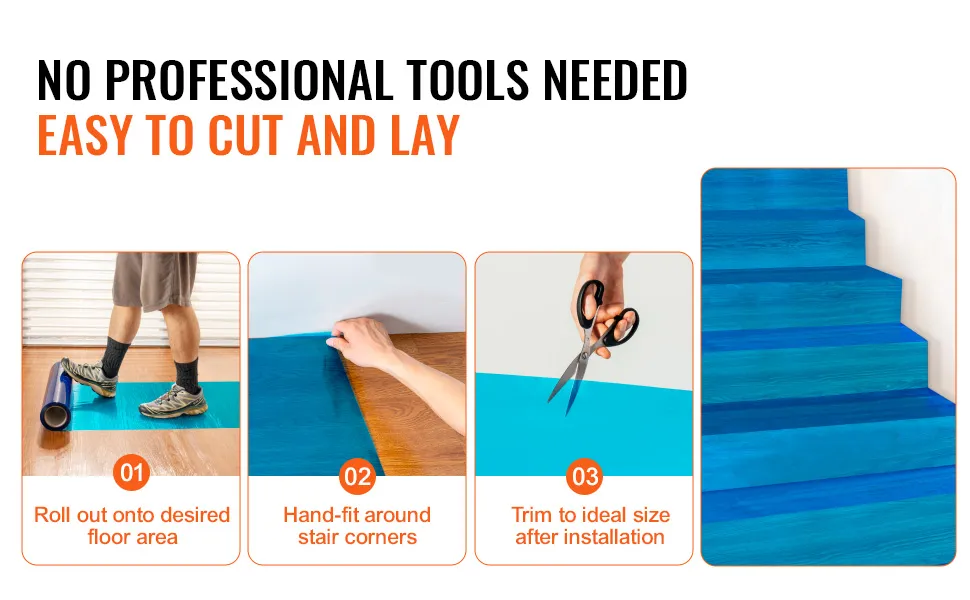 no professional tools needed, easy to cut and lay VEVOR carpet protection film on stairs and floors.