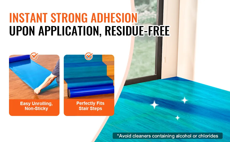 VEVOR carpet protection film unrolling, displaying strong adhesion, residue-free application, fits stairs.