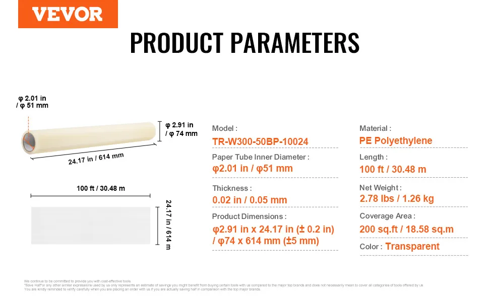VEVOR carpet protection film specs: pe polyethylene, 100ft length, 2.78 lbs, 200 sq.ft coverage, transparent.