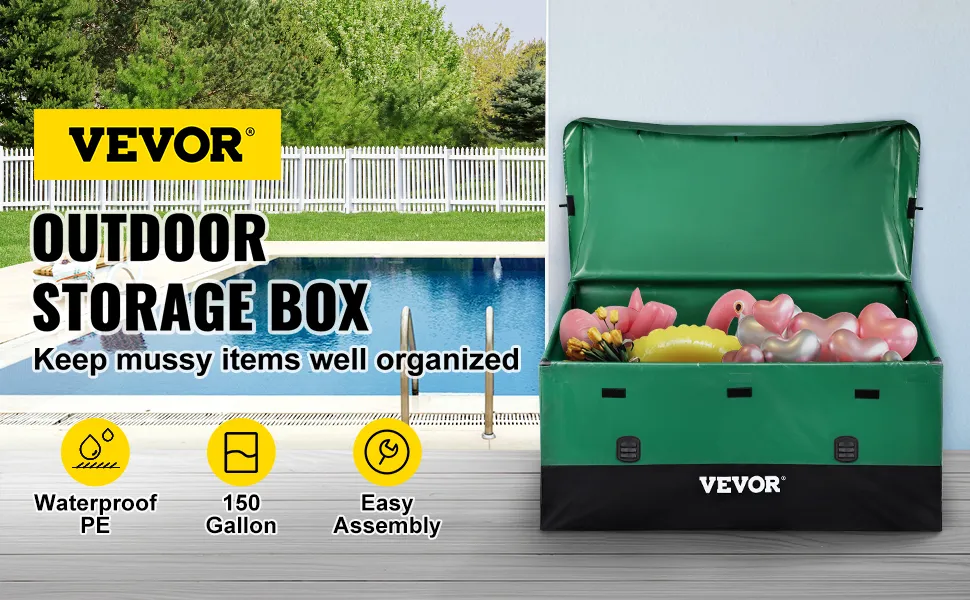 VEVOR patio deck box beside a pool, filled with colorful items. features: waterproof, 150-gallon, easy assembly.