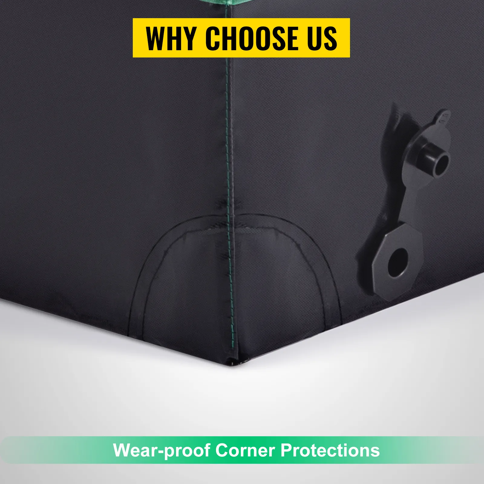 VEVOR patio deck box featuring wear-proof corner protections with bold "why choose us" banner.