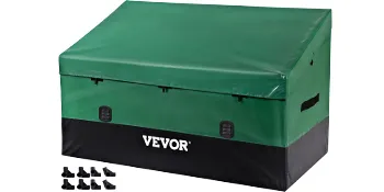 Contenitore da esterno VEVOR con design verde e nero, maniglie laterali e accessori di montaggio inclusi.