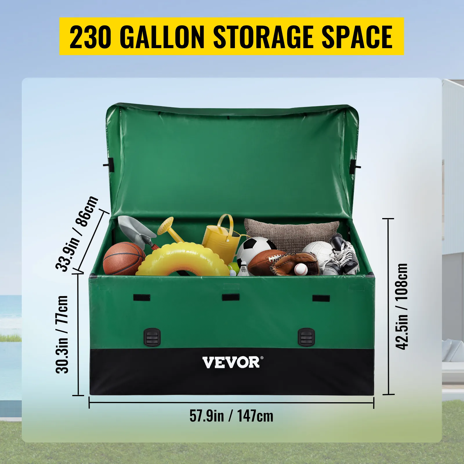Contenitore da esterno VEVOR - capacità 230 galloni, per attrezzatura sportiva e giocattoli da piscina, dimensioni 57,9 x 30,3 pollici.