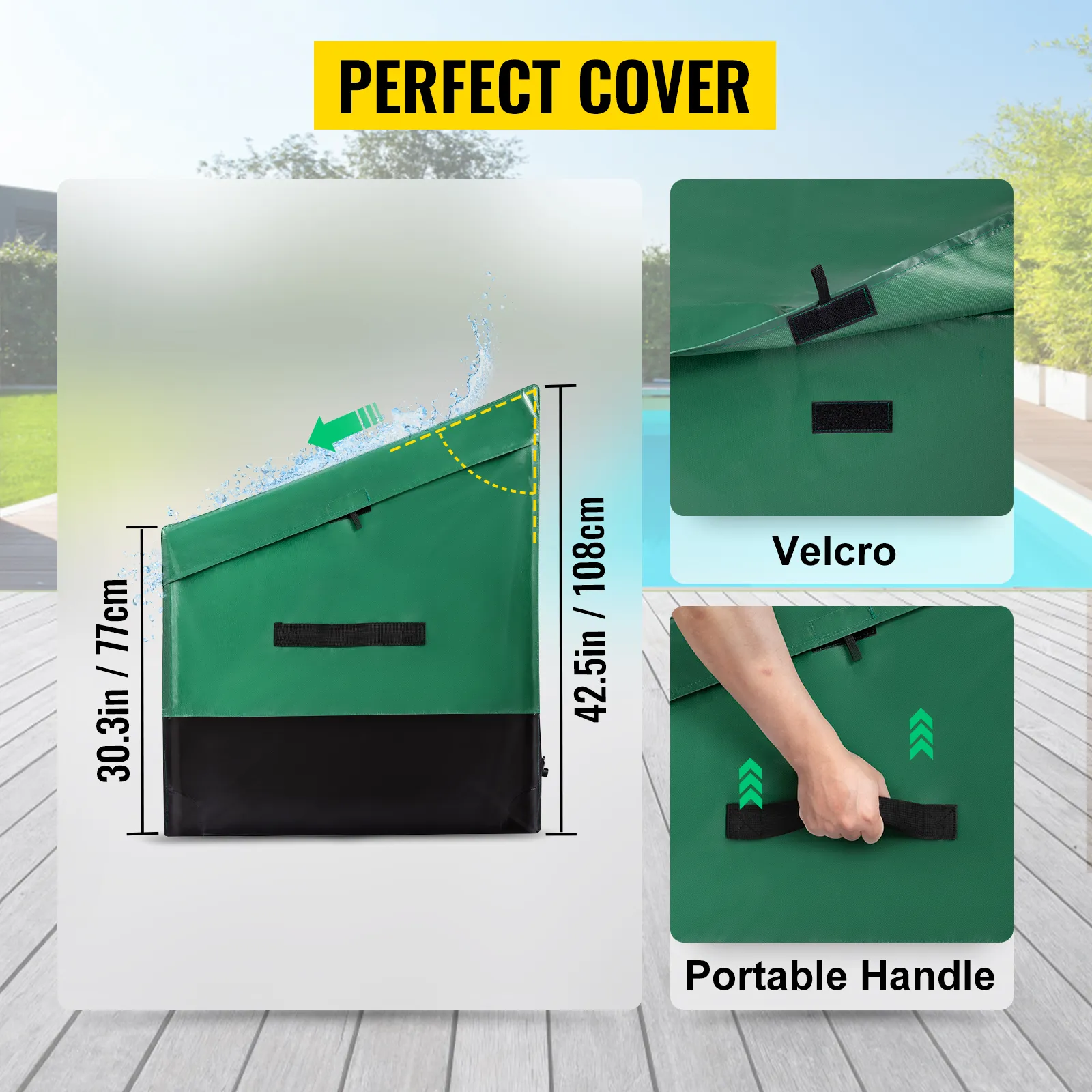 Contenitore da esterno VEVOR con copertura impermeabile, chiusura in velcro, maniglia portatile e dimensioni indicate.