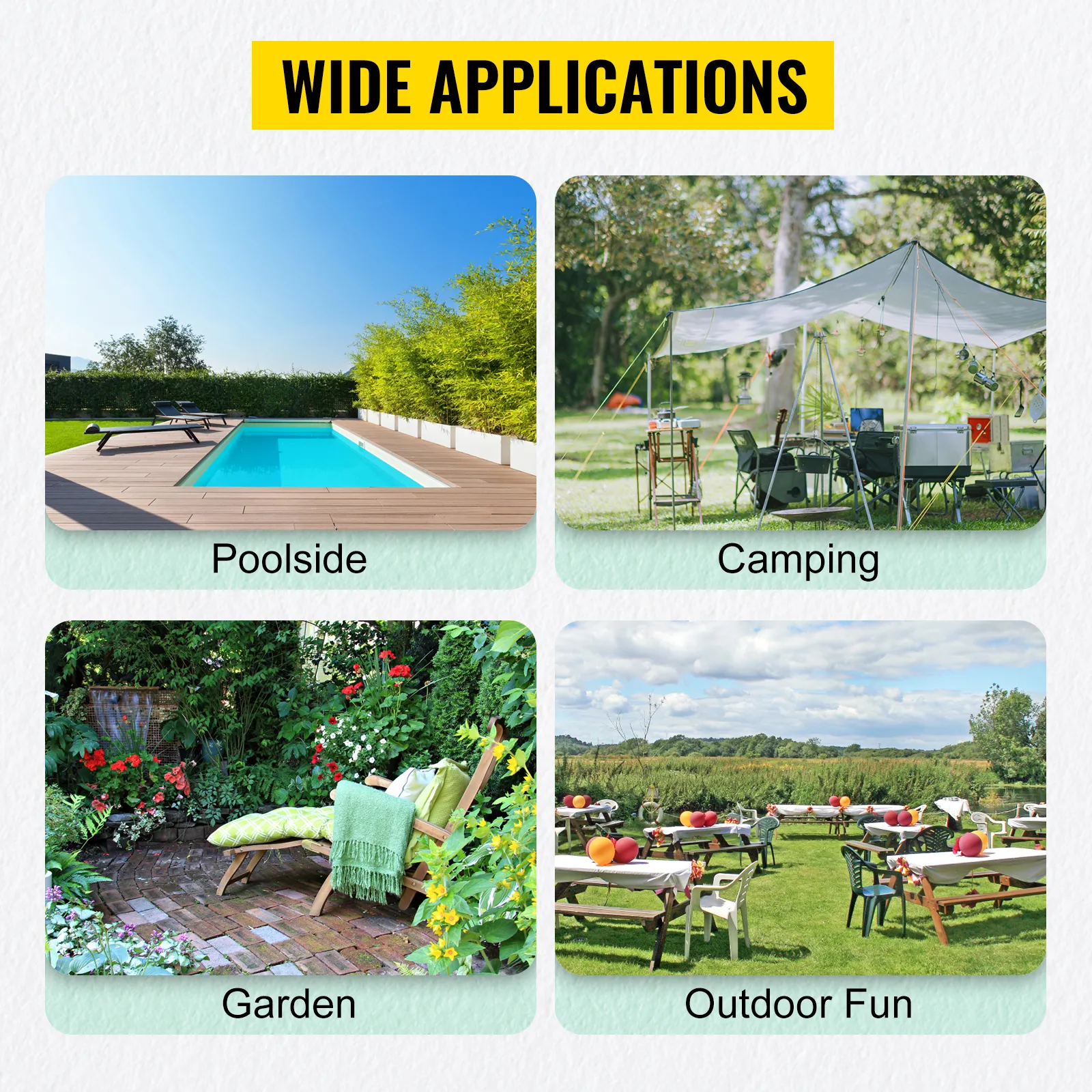 Ampie possibilità di impiego del contenitore da esterno VEVOR per piscina, campeggio, giardino e divertimento all'aria aperta.