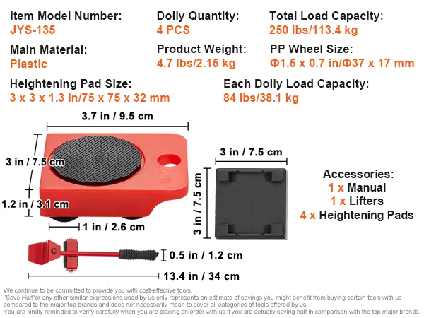 Plataforma rodante para muebles VEVOR, modelo jyd-114, con capacidad de 250 lbs, material plástico y juego de 4 plataformas rodantes.