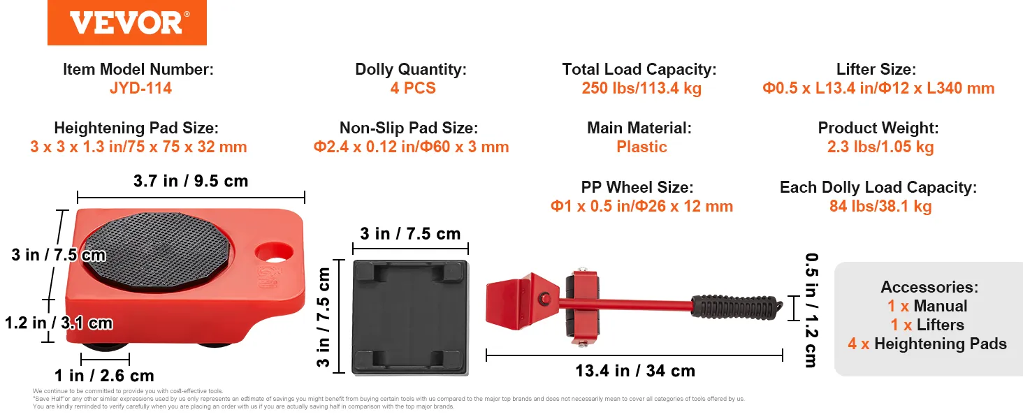 Plataforma rodante para muebles VEVOR, modelo jyd-114, con capacidad de 250 lbs, material plástico y juego de 4 plataformas rodantes.