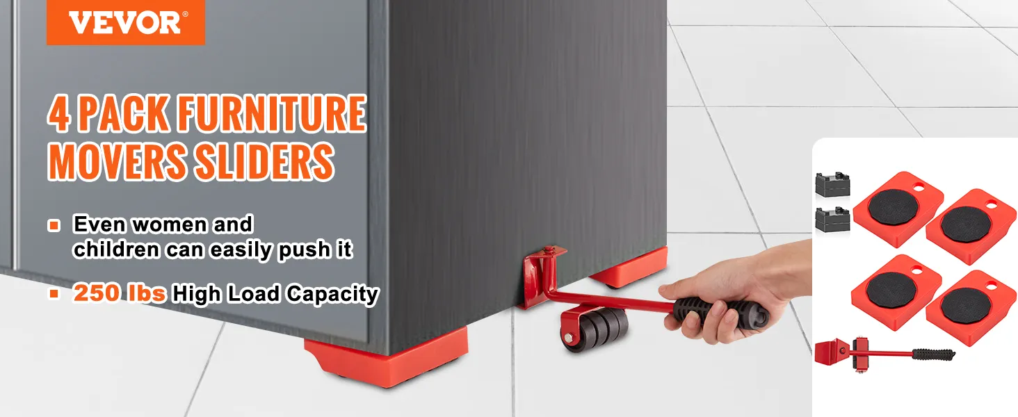Juego de plataformas rodantes para muebles VEVOR con palanca que levanta un gabinete; soporta hasta 250 libras, fácil de usar para todos.