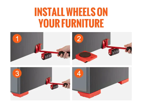 Configuración de plataforma rodante para muebles VEVOR: inserte el elevador, coloque la plataforma rodante, repita para todas las esquinas, mueva los muebles lentamente.
