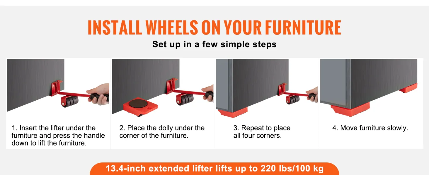 Configuración de plataforma rodante para muebles VEVOR: inserte el elevador, coloque la plataforma rodante, repita para todas las esquinas, mueva los muebles lentamente.
