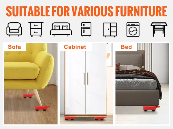 Plataforma rodante para muebles VEVOR adecuada para sofá, armario, cama; plataformas rodantes rojas debajo de cada pieza sobre suelo de madera.