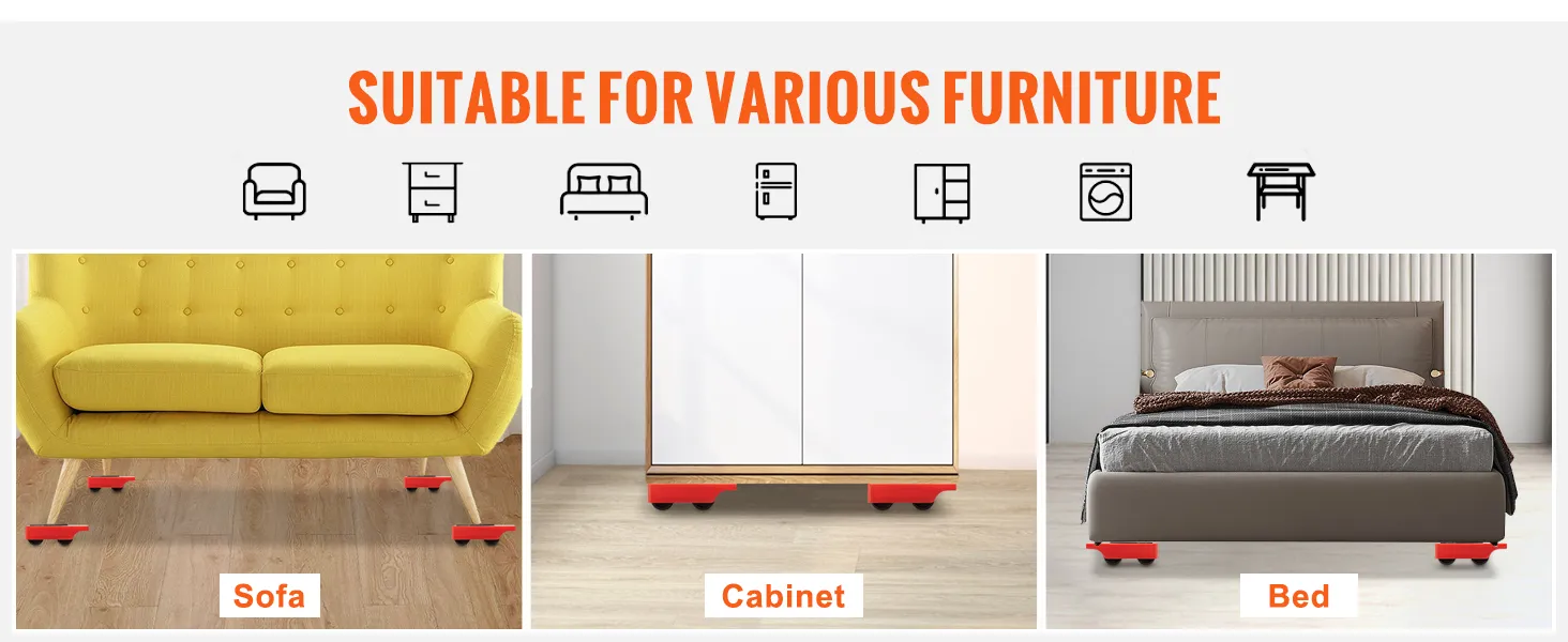 Plataforma rodante para muebles VEVOR adecuada para sofá, armario, cama; plataformas rodantes rojas debajo de cada pieza sobre suelo de madera.