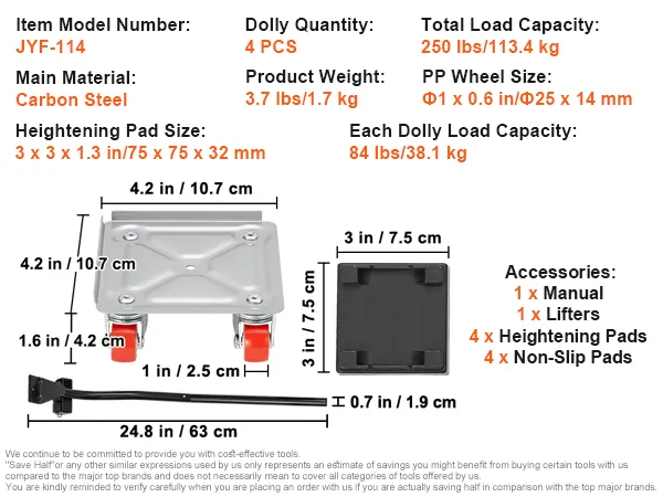 VEVOR furniture dolly details with 250 lbs load capacity, carbon steel, and included accessories.