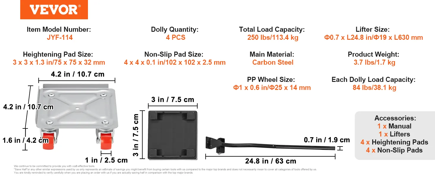 VEVOR furniture dolly details with 250 lbs load capacity, carbon steel, and included accessories.