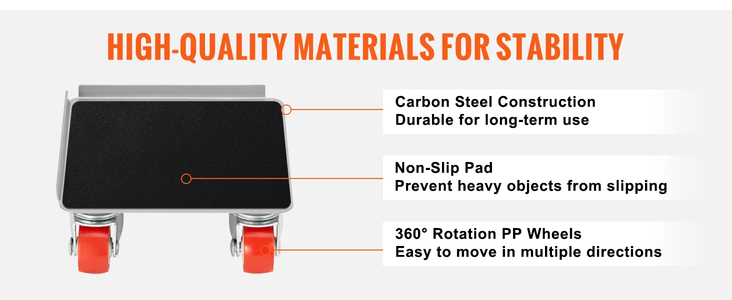 VEVOR furniture dolly with carbon steel construction, non-slip pad, and 360° rotation pp wheels.