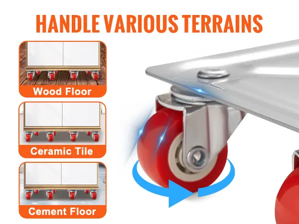 VEVOR furniture dolly with pp wheels handles wood, ceramic tile, and cement floors easily.