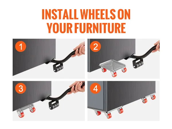 install wheels on furniture using VEVOR furniture dolly in four simple steps; lift, place, repeat, move.