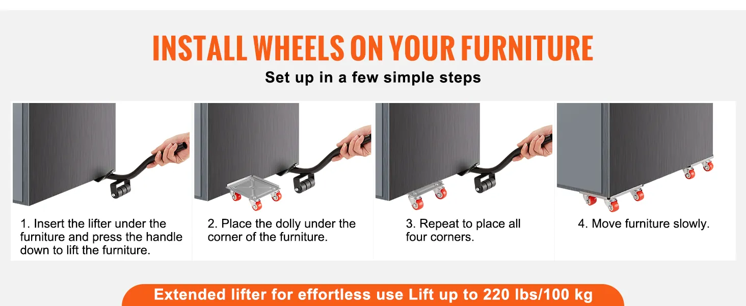 install wheels on furniture using VEVOR furniture dolly in four simple steps; lift, place, repeat, move.