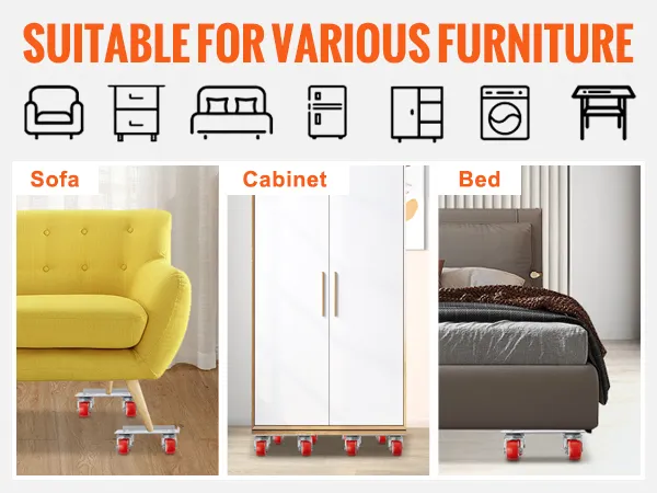 yellow sofa, white cabinet, and bed on a VEVOR furniture dolly. text: "suitable for various furniture".