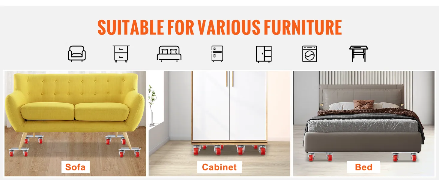 yellow sofa, white cabinet, and bed on a VEVOR furniture dolly. text: "suitable for various furniture".