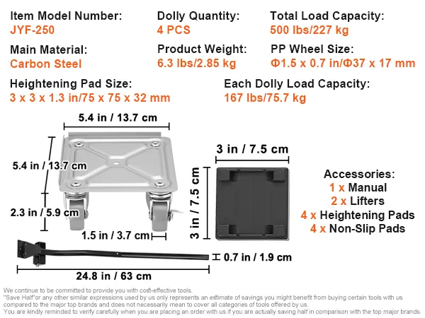 VEVOR furniture dolly specifications and accessories, including dimensions, load capacity, and materials.
