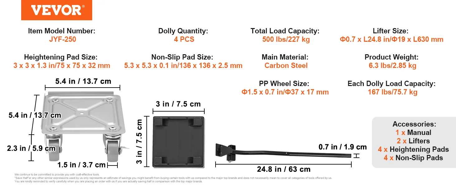 VEVOR furniture dolly specifications and accessories, including dimensions, load capacity, and materials.